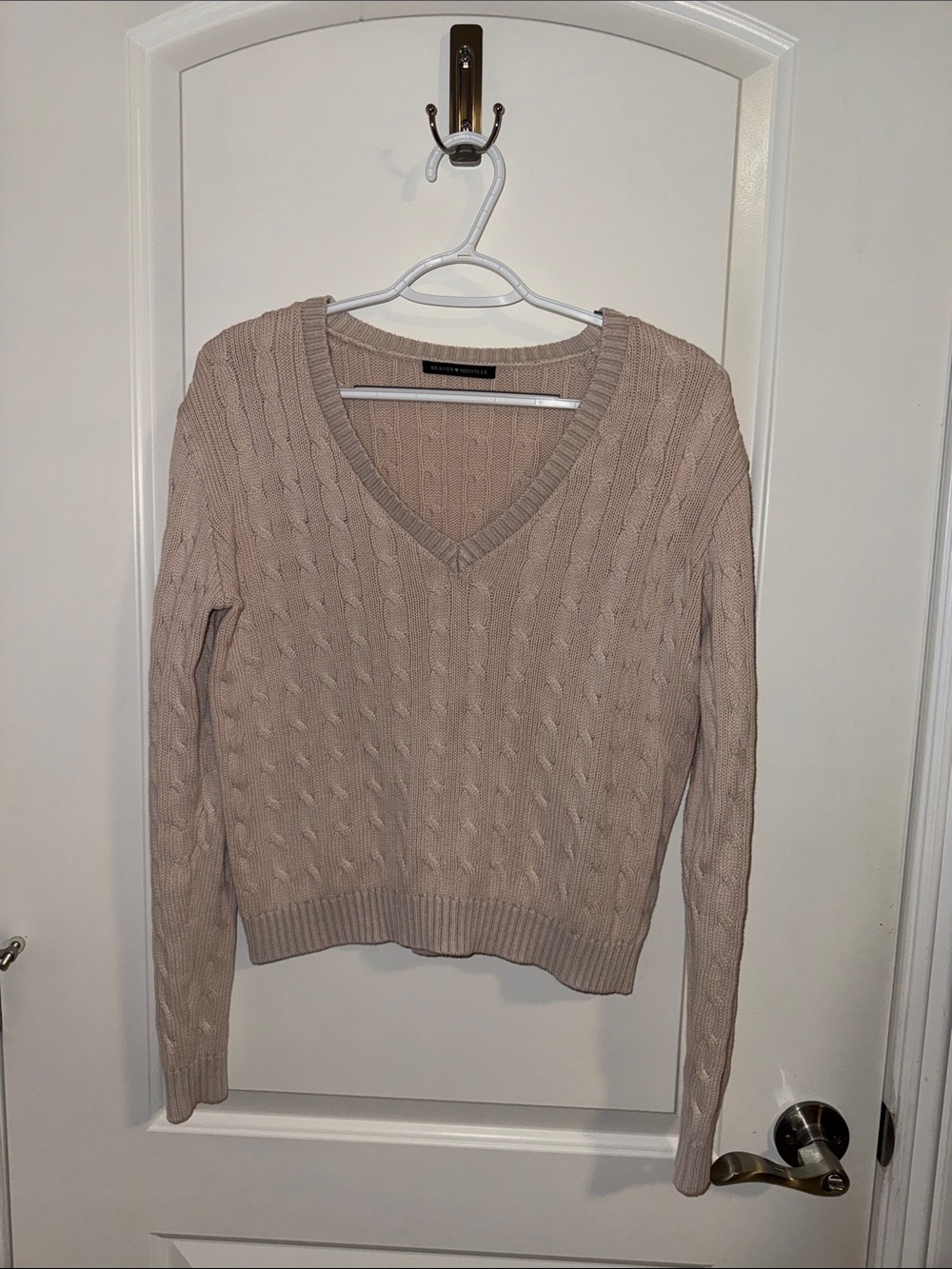 Brandy Melville Cable-Knit V-Neck Sweater in Light Taupe